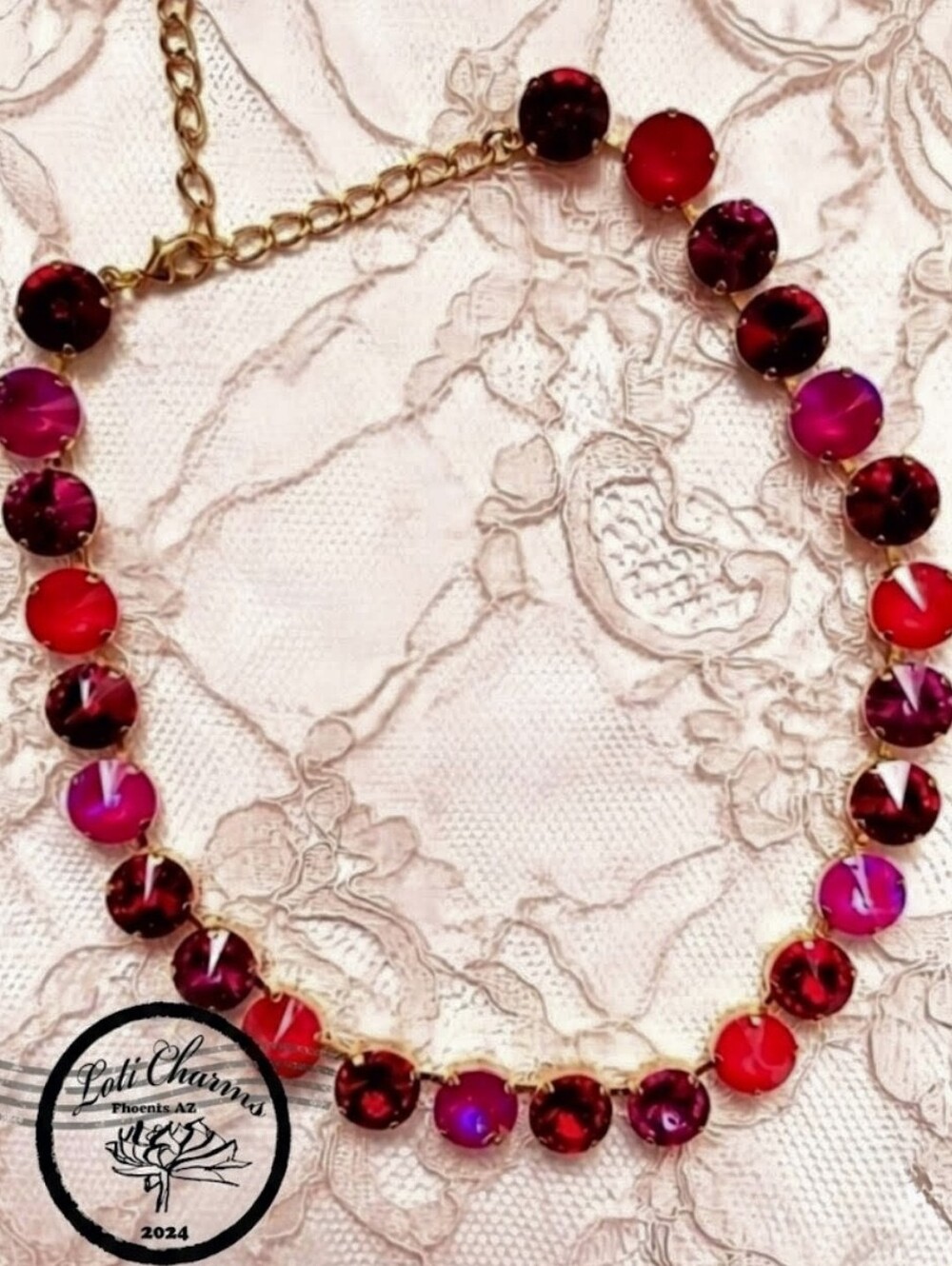 Pink Rose Sangria Large Premium Crystals In 18K Gold Plated Classic Necklace